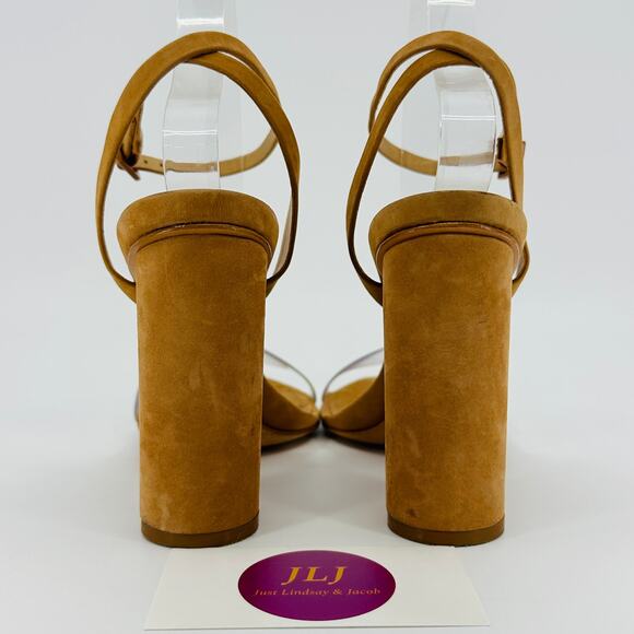 Schutz Women's Geisy Toasted Nut Suede Illusion Ankle Strap Block Heels Size 7.5 - Picture 6 of 11